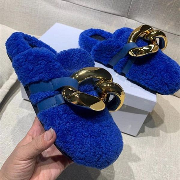 

fashion golden chain women slippers soft warm lambswool mules, Black