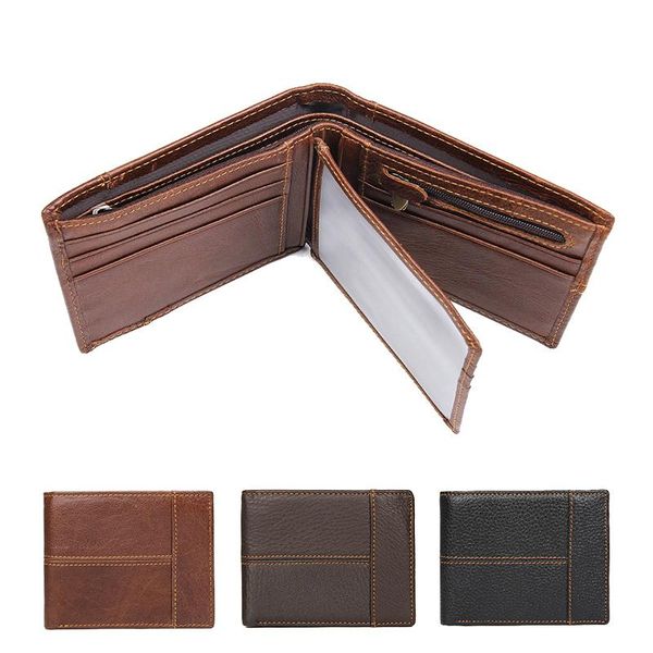 

men's wallet retro first layer cowhide oil wax stitching multifunction zipper short high capacity card package wallets, Red;black