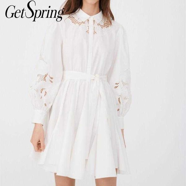 

getspring women dress lace stitching cotton white es hollow out up shirt long sleeve mini es spring 210601, Black;gray