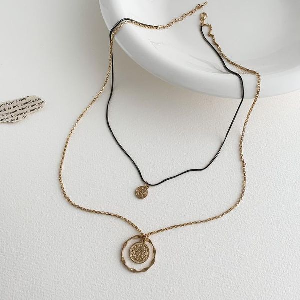 

pendant necklaces timeonly statement double layered coin portrait black color small hollow chain jewellery simple, Silver