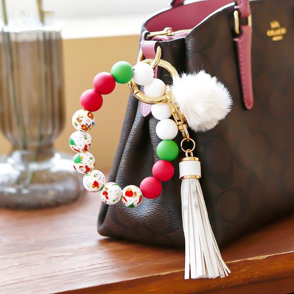 

keychains silicone beaded christmas keychain santa claus bead leather tassel bracelet wrist car key chain men women jewelry accessories, Silver