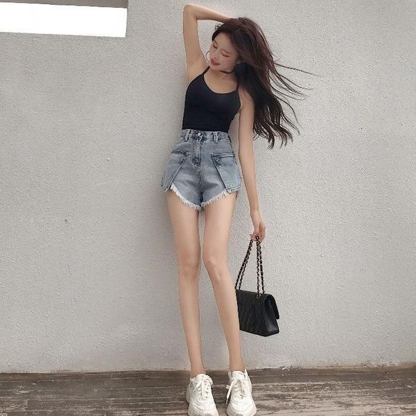 

women's shorts denim summer new korean high waist rough edge a-line wide leg versatile slim pants, White;black