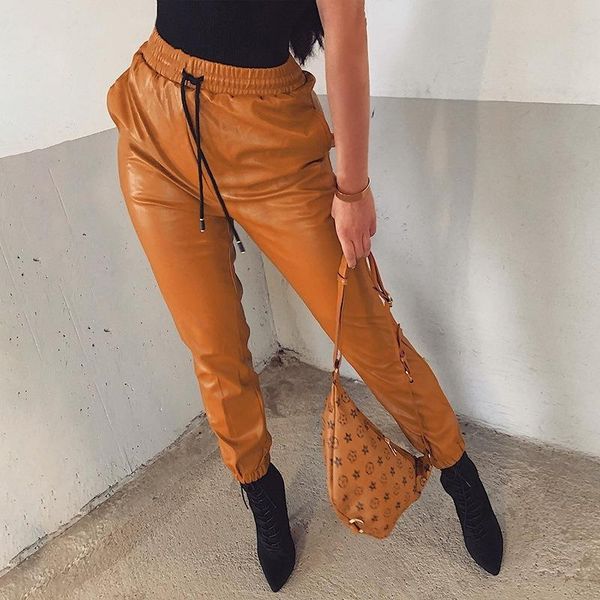 

women's pants & capris 2021 spring autumn all-match vintage women casual fashion pu leather for ladies high waist trousers, Black;white