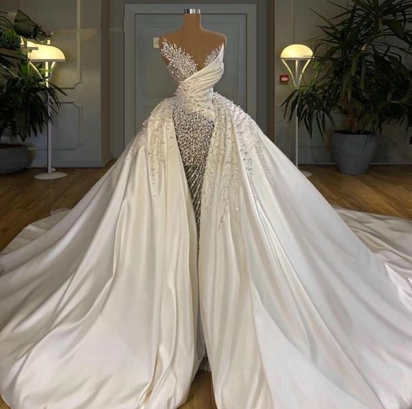 

pearls luxurious mermaid wedding dresses sweetheart beading ruffles bridal gown custom made sweep train with overskirt robes de mariÃ©e, White