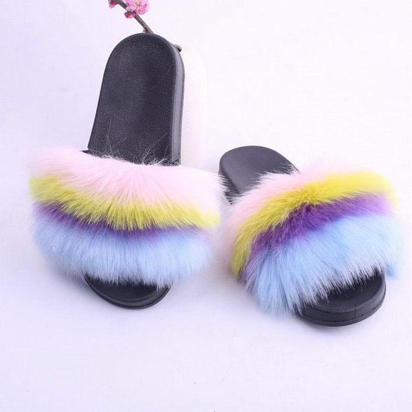 

women multicolor fur slippers flip flops 21-colors pantuflas 2021 summer shoes sandals plus size 34-45 mink slides, Black
