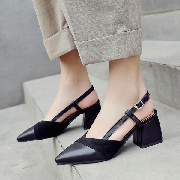 

chunky block square high heel sandals women 2021 summer chic pointed toe back strap casual party office ladies shoes, Black