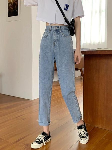 

women's jeans whcw cgdsr denim trousers pants women korean style streetwear high waist woman 2021 autumn winter vintage straight, Blue