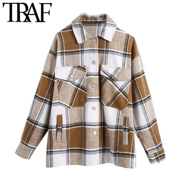

traf women fashion oversized plaid jacket coat vintage long sleeve pockets female outerwear chic 210415, Black;brown