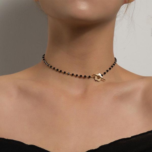 

chains fashion black crystal beads choker clavicle necklace simple buckle short flower for women bohemian female jewelry, Silver