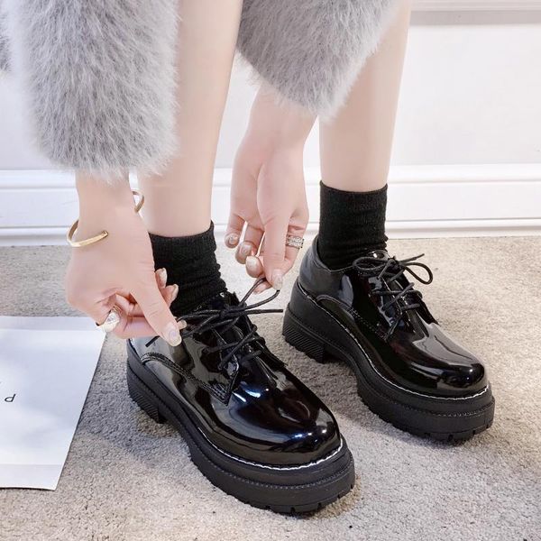 

autumn british style small leather shoes women trifle thick-soled student loafers japanese single womans dress, Black