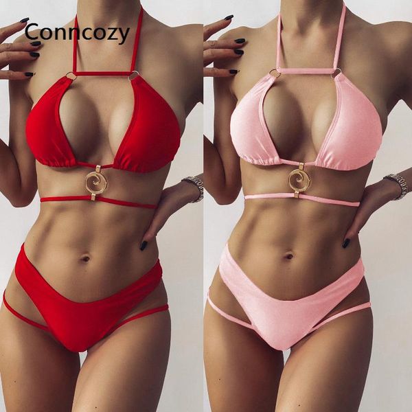 

women's swimwear women solid color metal ring split swimsuit bandage micro bikini set summer beachwear bathing suit, White;black