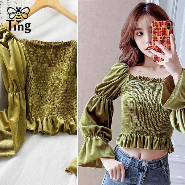 

vintage square neck winter autumn casual crop blouse full sleeve elastic skinny velvet short tee shirt for lady 210513, White