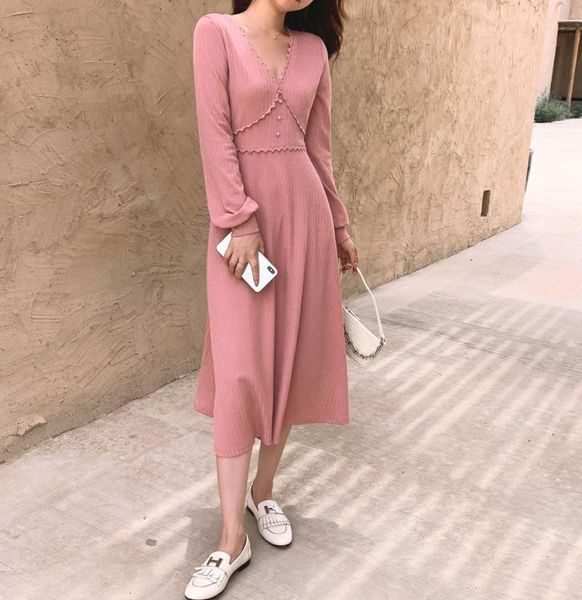 

casual dresses for women 2021 autumn lace patchwork dress female solid long sleeve v-neck fashion midi vestidos, Black;gray