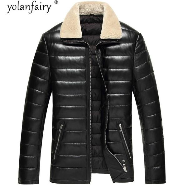 

men's leather & faux yolanfairy genuine jacket winter down jackets men clothing real lambswool fur veste homme lsy0800037 tn11, Black