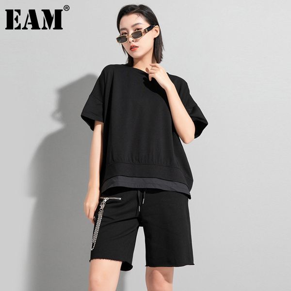 

[eam] women black big size irregular fake two cross spliced t-shirt round neck short sleeve fashion spring summer 1dd8081 21512, White