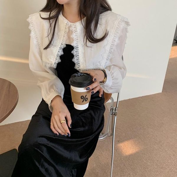 

casual dresses autumn retro temperament lace doll collar stitching fake two-piece balck velvet long-sleeved dress women high waist a-line, Black;gray