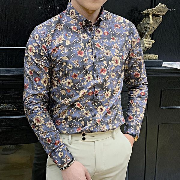 

korean slim fit casual men's social shirts long sleeve night club luxury blouse men -5xl fashion 2021 spring floral shirt men1, White;black