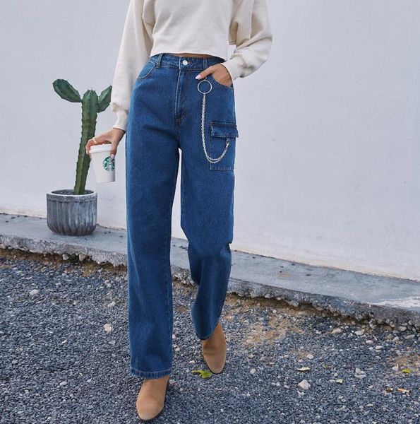 

women solid color jeans, adults casual high waisted straight-leg pants with removable chain, pocket women's jeans, Blue