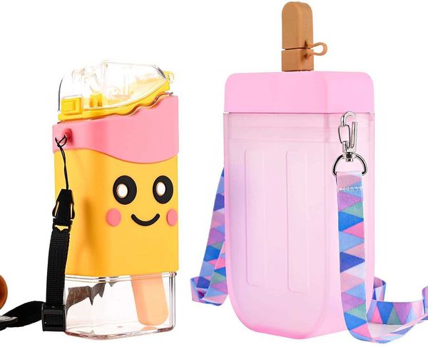 

cute straw water bottle, creative popsicle-shaped cup (300ml), leak-proof with , multi-color juice drinking