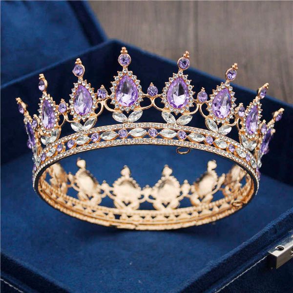 Ouro Roxo Rainha Rei Coroa Nupcial Para Mulheres Headdress Prom Pageant Casamento Tiaras e Coroas Cabelo Jóias Acessórios 210616