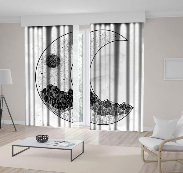 

curtain & drapes mountains full moon and stars night sky in crescent shape mystic artwork printed black white