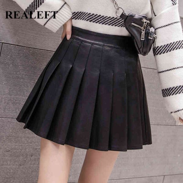 

autumn winter pu faux leather women pleated skirts high waist a-line mini ladies chic skater 210428, Black