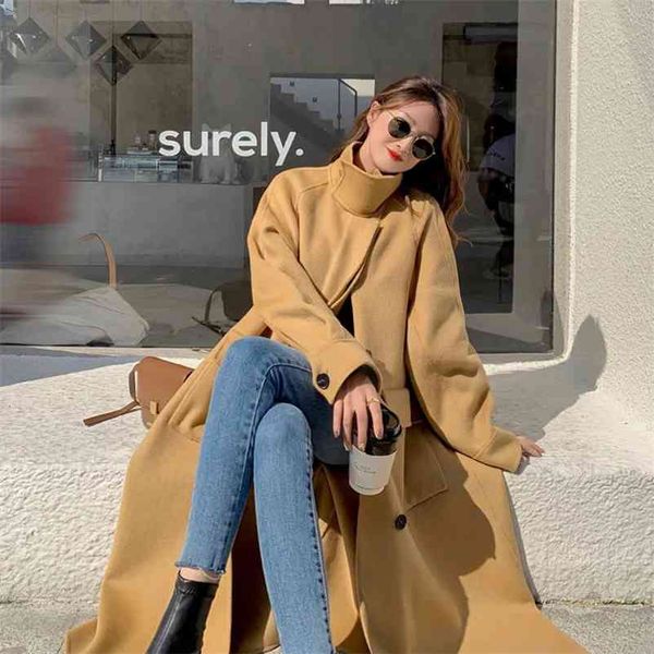 

women winter solid elegant single breasted woolen coats ladys loose long sleeve pocket turn down collar outerwear 210517, Black