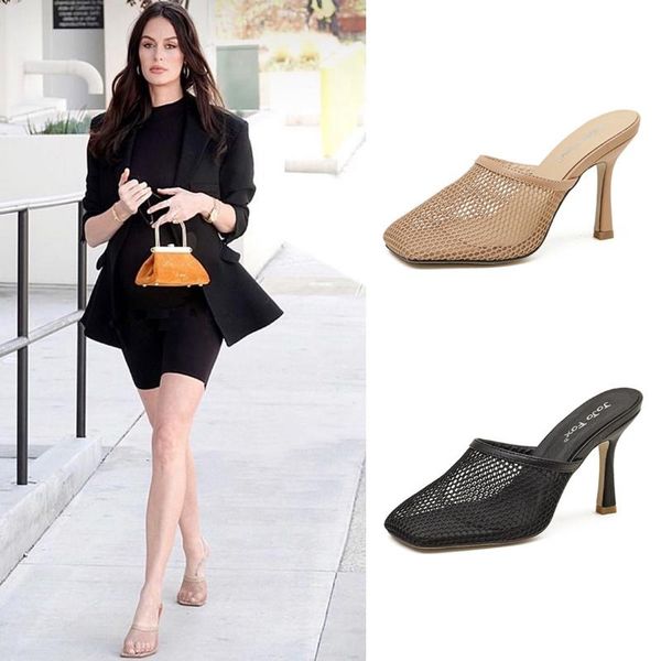 

summer sandals women mule slides mesh hole cut out hollow stilettos high heels casual clubwear shoes black