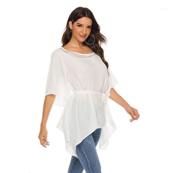 

lace o-neck chiffon patchwork women casual half sleeve blouse ladies loose shirts female blusas1, White