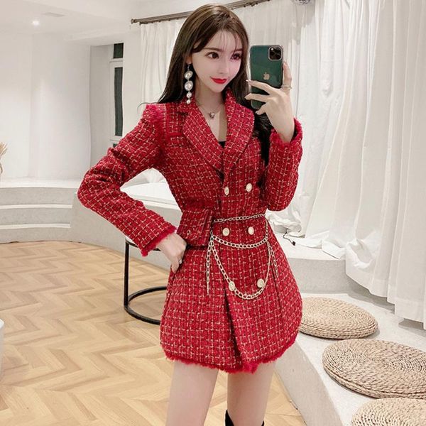 

women's wool & blends women tweed plaid blazer golden double breasted jacket thick long woolen suit coat fall winter outerwear with cha, Black