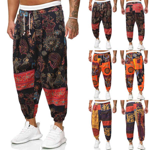 

men's pants 2021 casual national style cotton hemp loose rope harem, Black