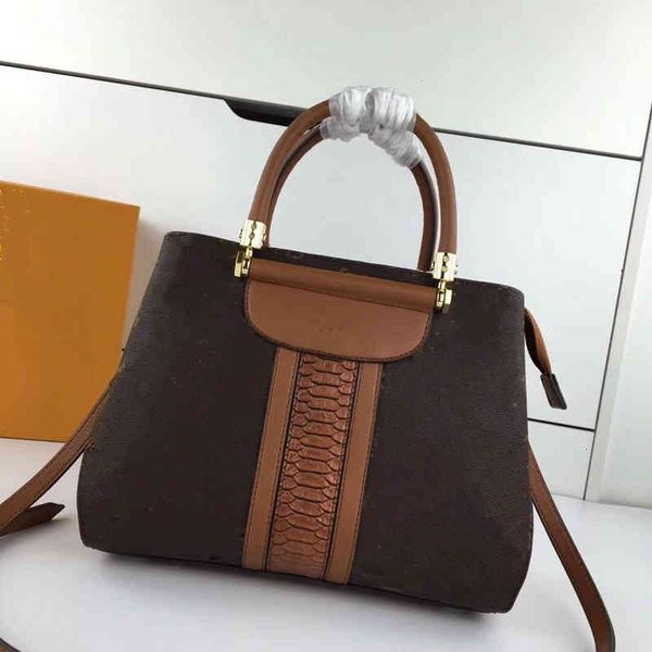 

designer bags smooth leather double handle pattern brown outside pocket adjustable straps interior zipper pocket high