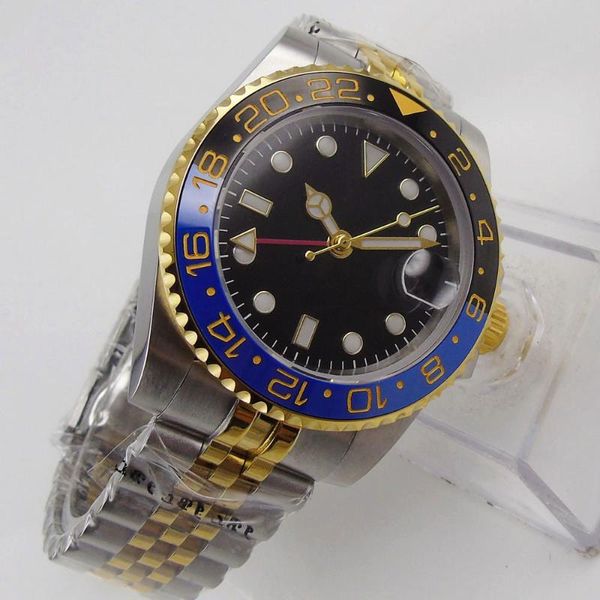 

wristwatches 40mm sapphire glass black dial gmt ceramic bezel date jubilee transparentÂ case back automatic movement mens watch, Slivery;brown