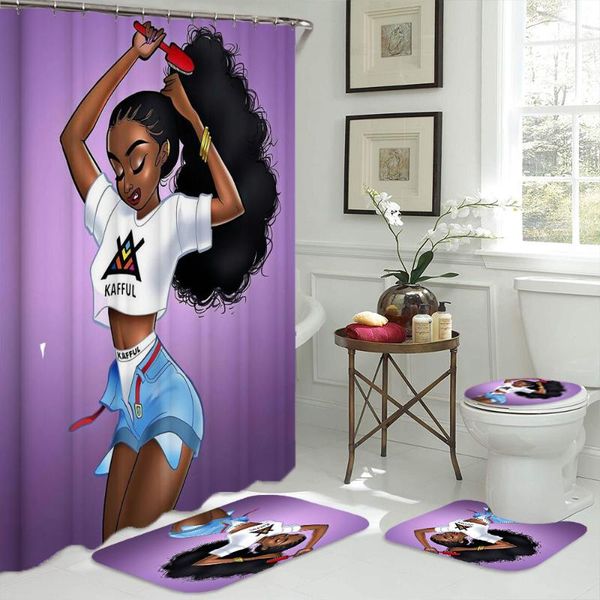 

home decor african afro lady comb hair shower curtain set bathroom non-slip rugs toilet lid cover bath mat curtains