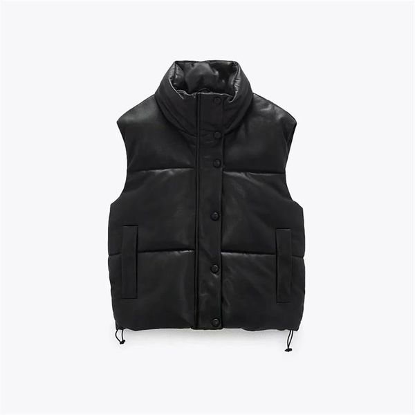 

women's vests winter women vogue simplicity black keep warm pu vest female single-breasted high neck side pockets chic top, Black;white