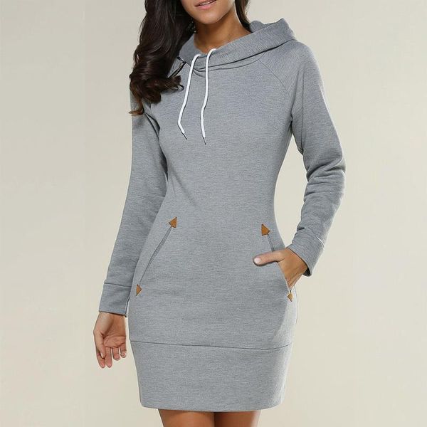 

casual dresses 2021 autumn and winter ladies knee-length dress hooded warm sweatshirt long sleeve camp collar pocket simple robe femme, Black;gray