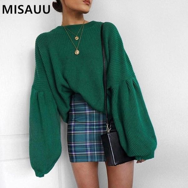 

women's sweaters misauu 2021 winter women fashion o-neck lantern sleeve pullovers loose knitted female jumper, White;black