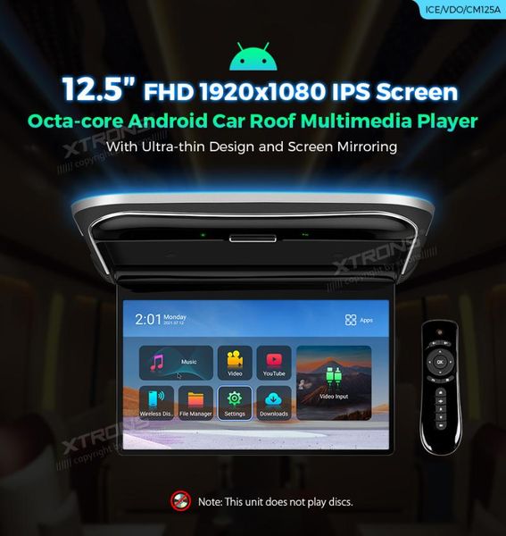 

car video xtrons 12.5" high resolution 1080p digital ips monitor wide screen ultra-thin roof mounted + headphones (optional)