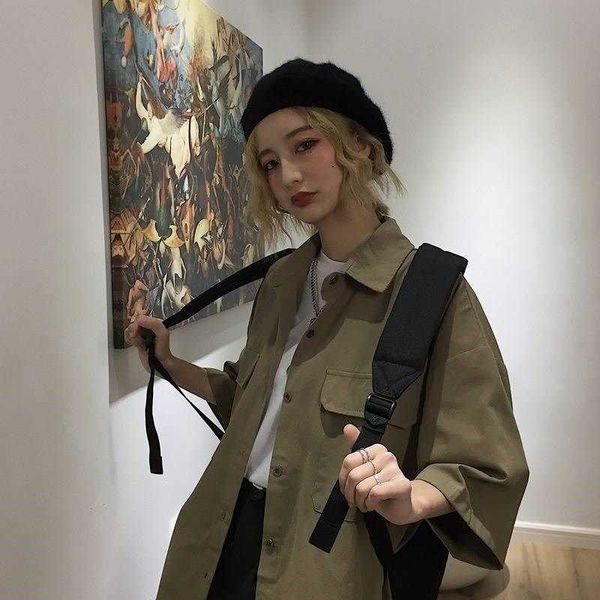 

cargo short-sleeved shirt student korean loose summer solid color lovers bf hong kong style vintage tooling jacket 210526, White