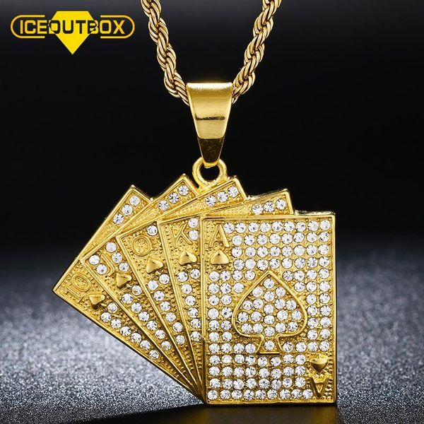 

playing cards iced pendant necklace gold silver color men's poker hip hop full of crystal for drop necklaces