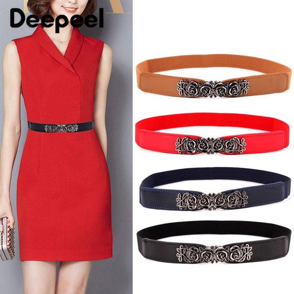 

belts deepeel 1pc 2.5cm*65cm rose imitation leather retro buckle elastic wide cummerbunds for women fashion corset decorative belt, Black;brown