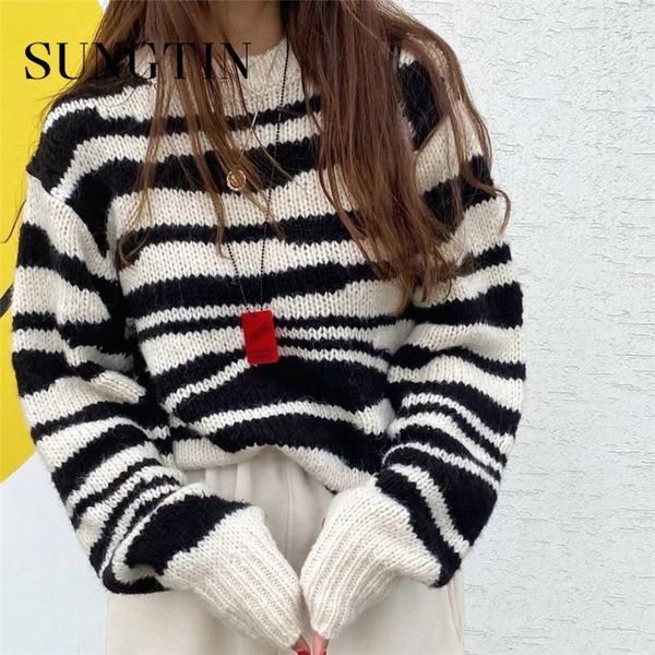 

sungtin vintage korean women zebra print sweater pullover daily simple female casual soft striped knitted chic stylish women's sweaters, White;black