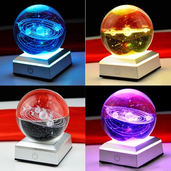 

novelty items 3d laser engraved sun system ball 80mm k9 crystal solar planet globe with touch switch led light base astronomy gifts