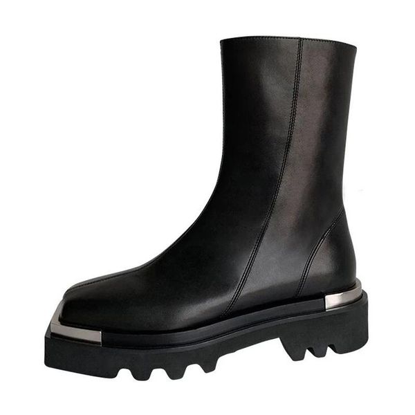 

boots autumn winter fashion metal square toe genuine leather women's ankle decoration short black motorcycle