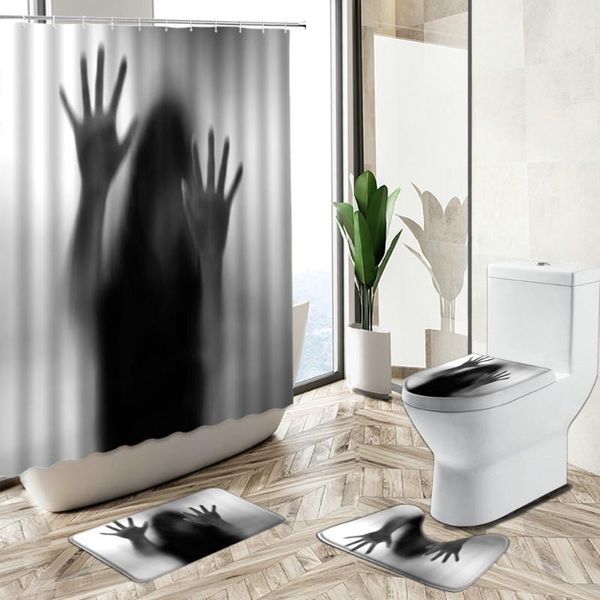 

shower curtains horror shadow theme curtain woman man handprint design halloween bathroom decor non-slip carpet toilet cover bath mat set