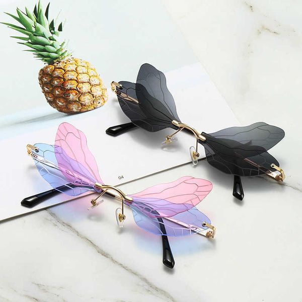 

sun glasses 2021 fashion dragonfly glasses women men brand design rimless wave eyewear luxury trending narrow glasses, White;black
