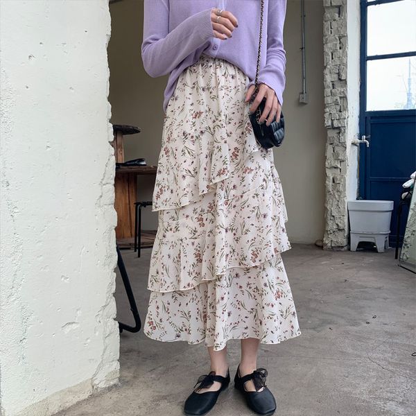 

skirts sweet florals irregular girls chiffon high waist cake slender a-line chic fashion all match skirts, Black