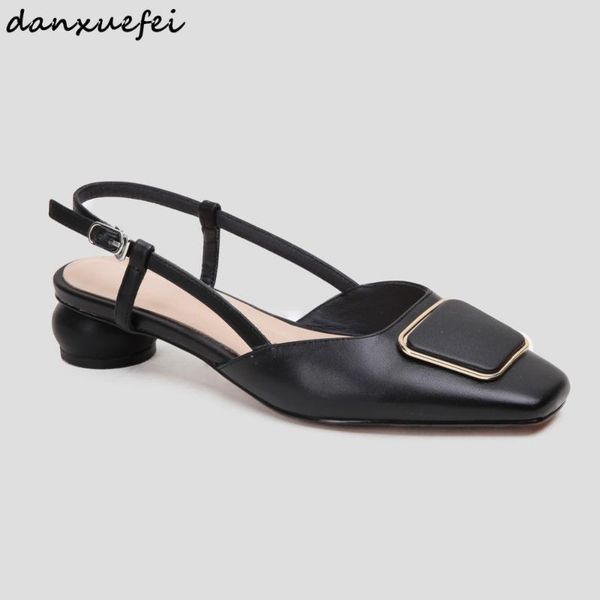 

dress shoes women's geuine leather slingback slip-on sandals ball heel womens sandalias square toe metal buckle ladies high sale, Black