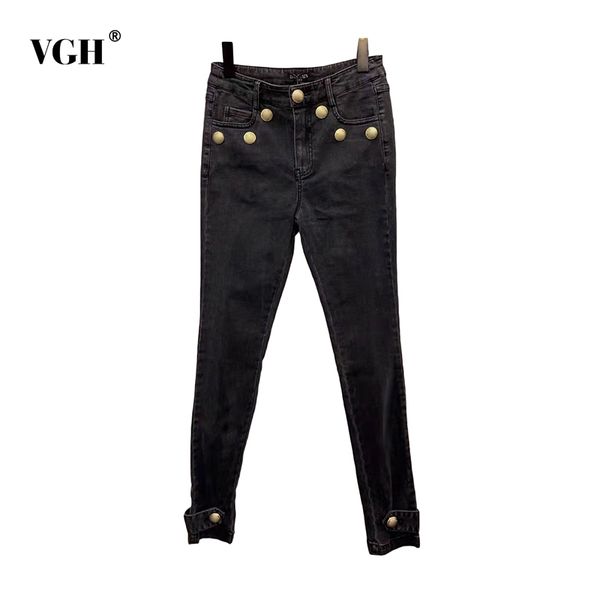 

vgh vintage black denim trousers for women high waist patchwork button skinny pencil pants female korean spring fashion clothing 210421, Blue
