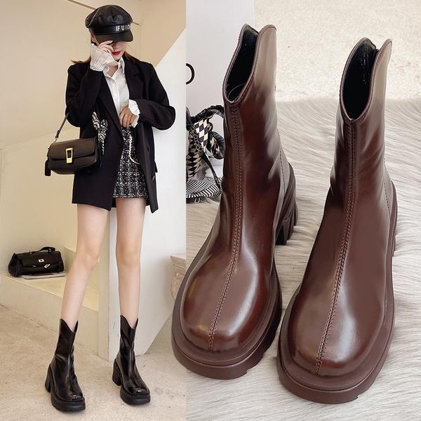 

boots round toe women's rubber autumn shoes boots-women rain rock low mid-calf high heel 2021 mid calf ladies cowboy pumps rome, Black